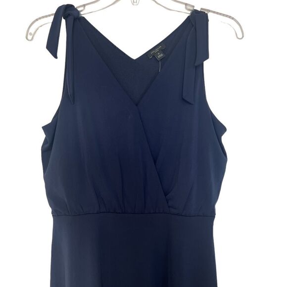 Ann Taylor Navy Blue Matte Jersey Shoulder Tie Flare Midi Dress SP - Picture 3 of 8